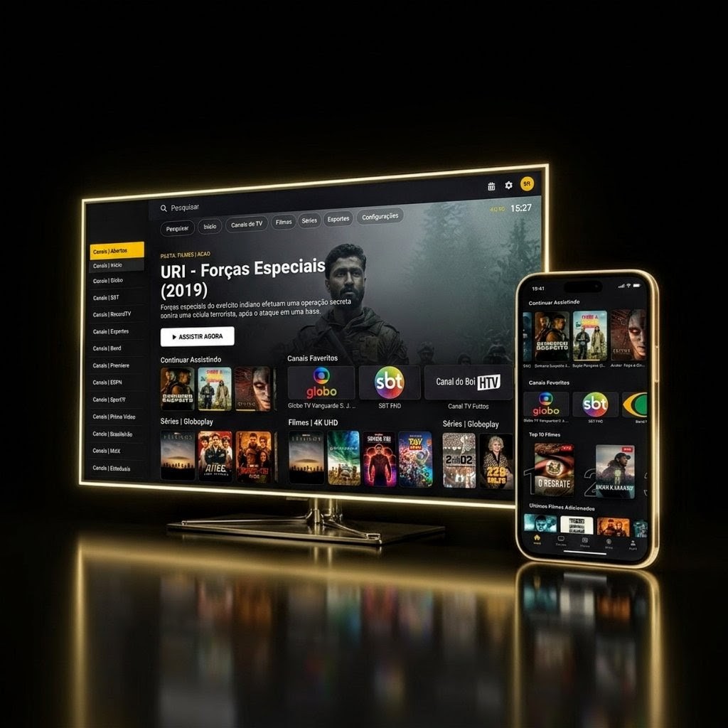 O aplicativo SignalPlay rodando em uma TV e um Smartphone Android